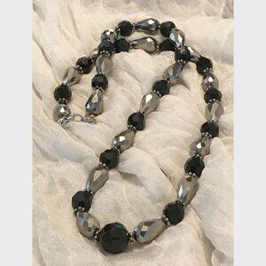 Silver Teardrop & Black Bead Necklace